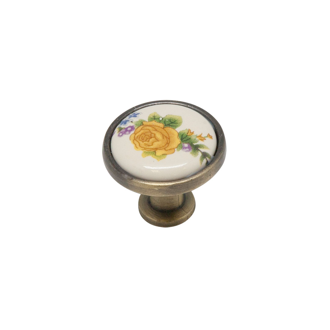 Ручка-кнопка с фарфором бронза  KF02-06 BA желтая роза  KERRON  9005  (ПОД ЗАКАЗ)